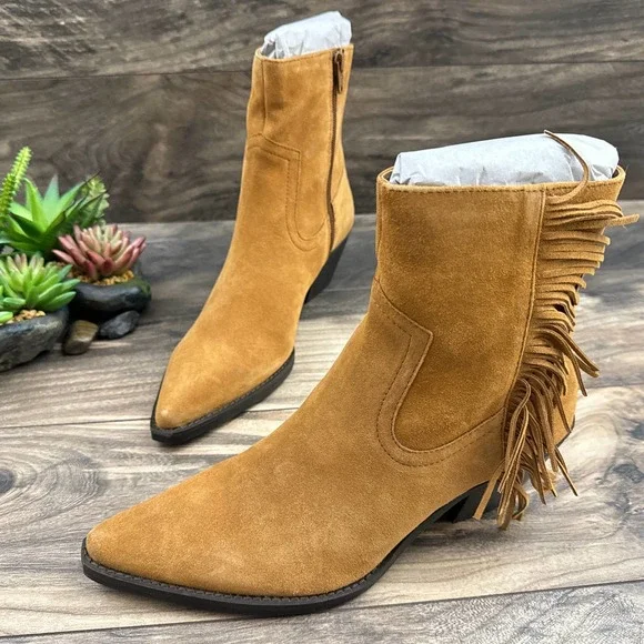 NIB Coconuts By Matisse 8.5M Saddle Suede Leather Western Fringe Booties - Picture 3 of 11